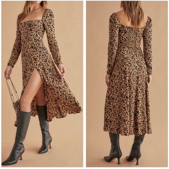 Reformation Sigmund Square Neck Midi Dress In Leopard Blitz Print - Picture 3 of 9